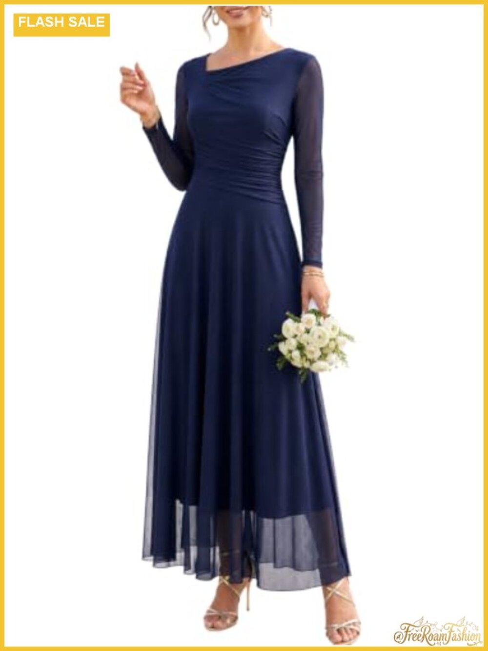 Long Sleeve Mesh Knit Formal Maxi Dress Ruched Waist Wedding Guest